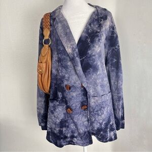 Amadi Tie Dye Linen Blend Blazer S Blue Double Breasted Lightweight